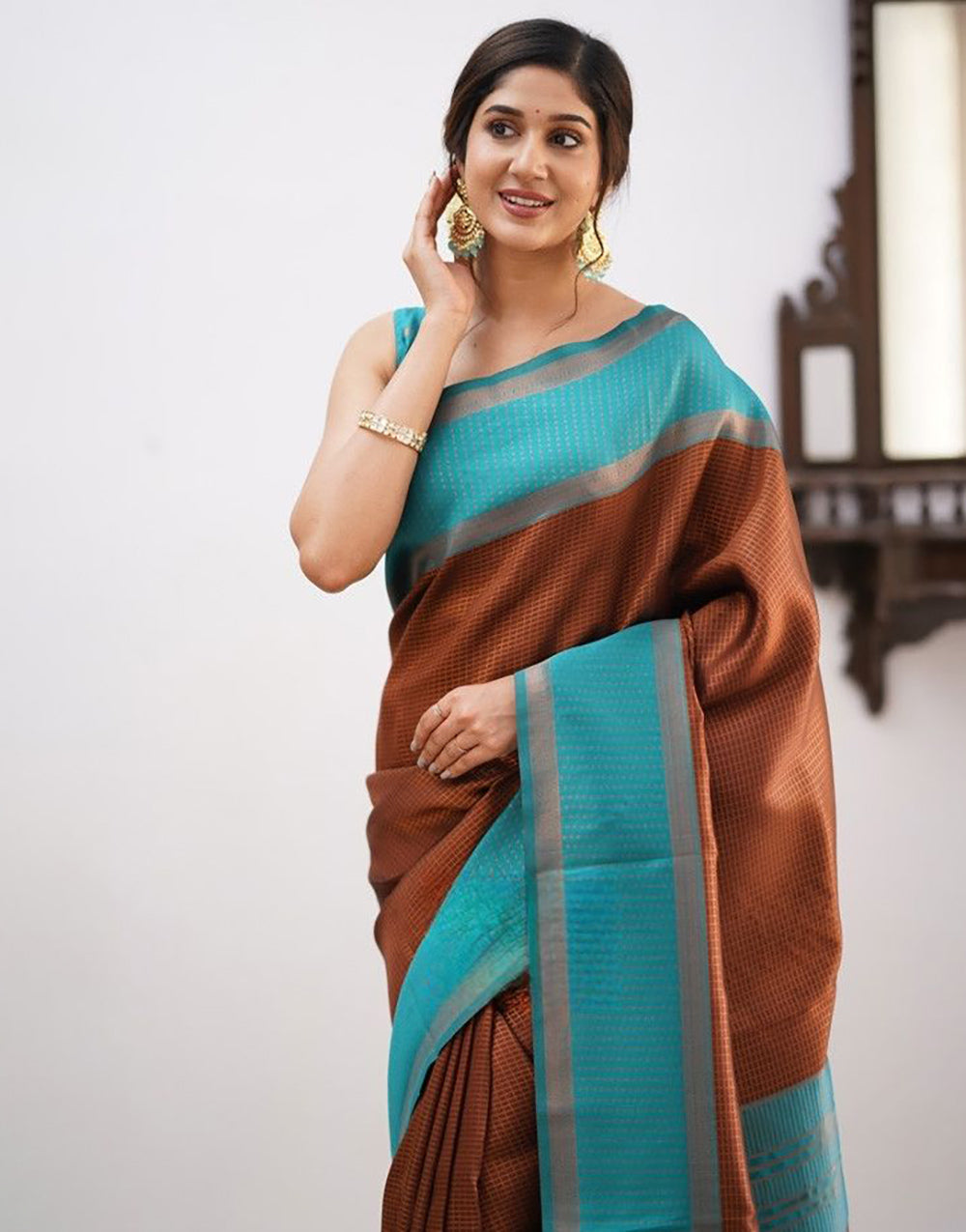 Brown & Sky Blue Soft Silk Saree With Zari Weaving