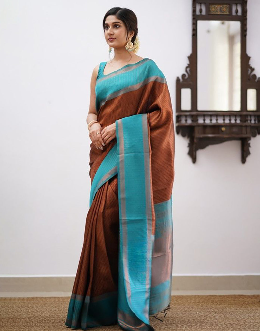 Brown & Sky Blue Soft Silk Saree With Zari Weaving