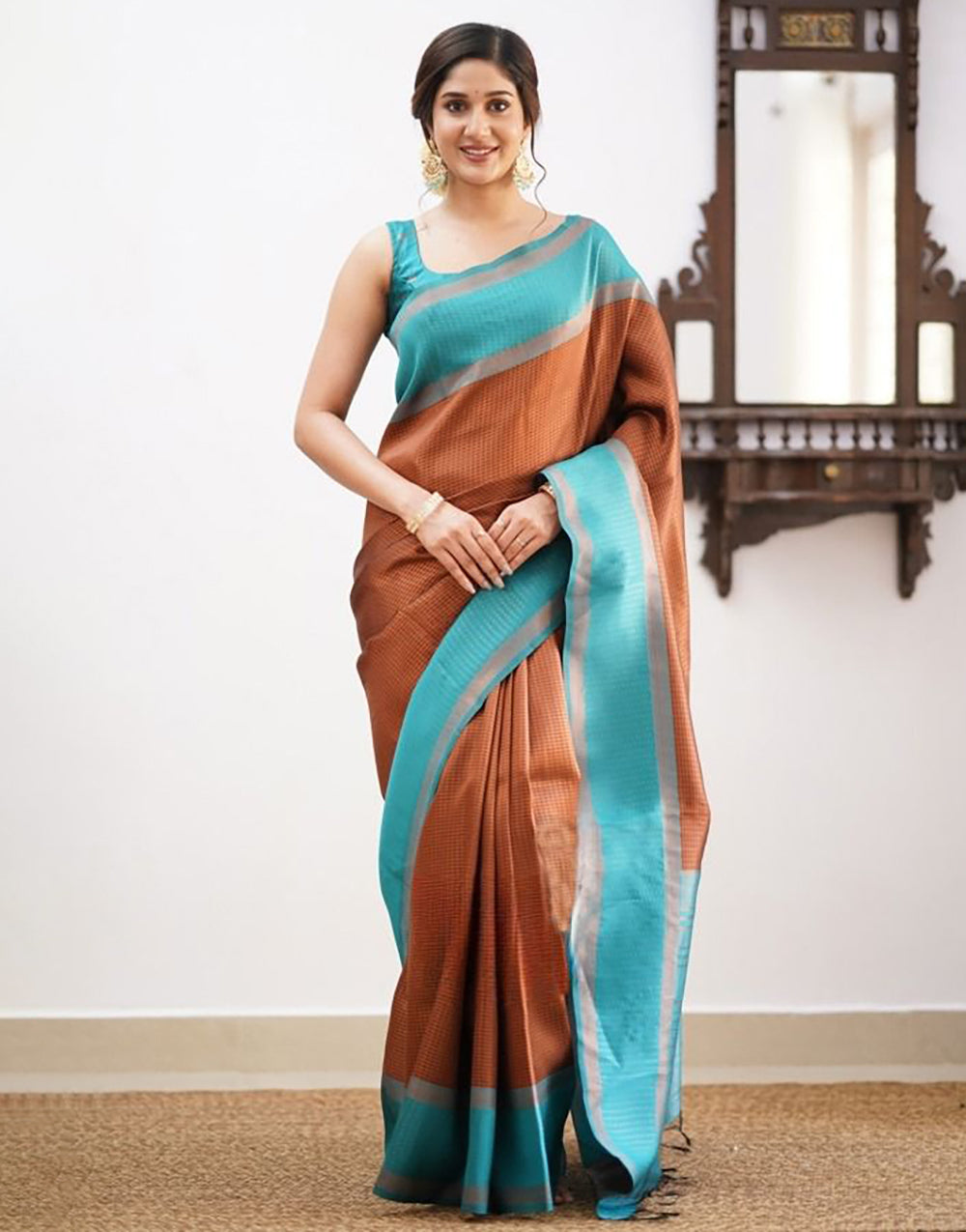 Brown & Sky Blue Soft Silk Saree With Zari Weaving