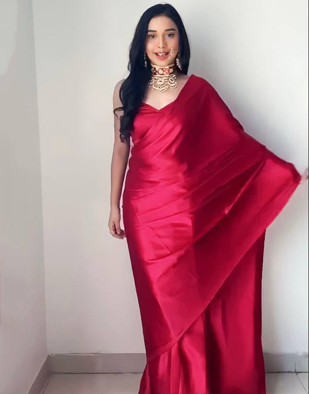 Red Satin Ready To Wear Saree