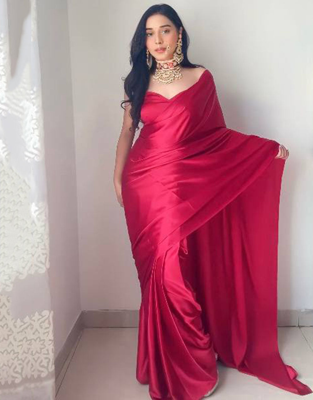 Red Satin Ready To Wear Saree