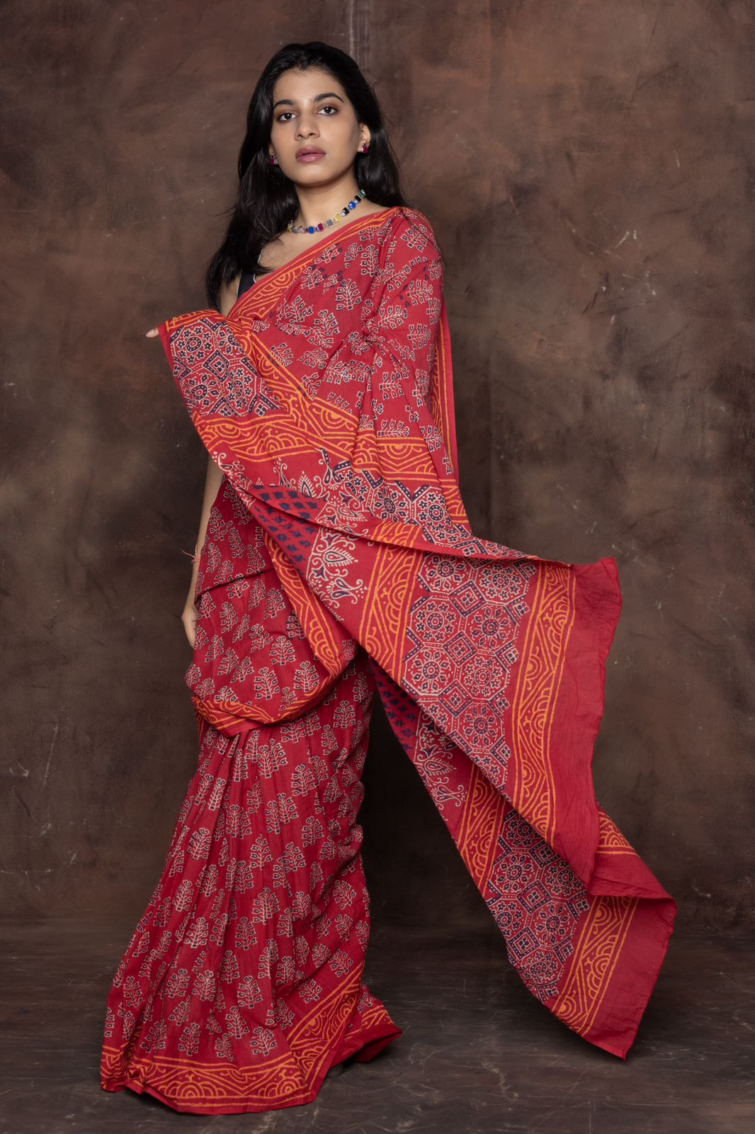 Orange Colour Mul Cotton Ready To Wear Saree With Pocket
