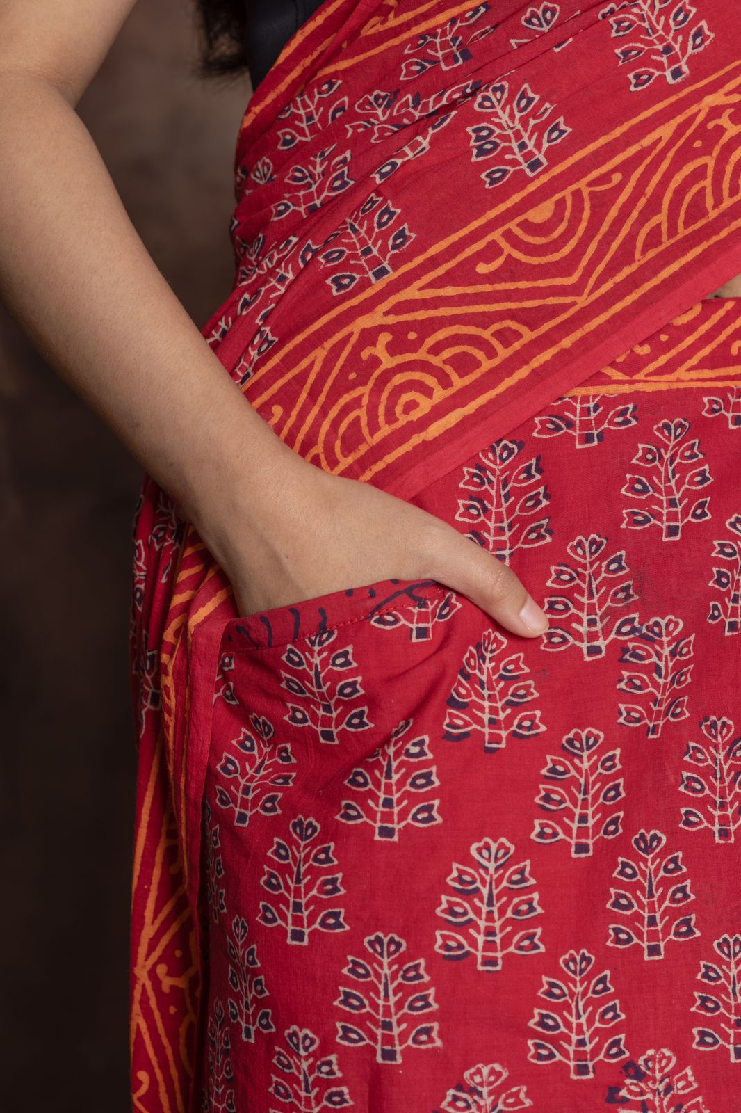 Orange Colour Mul Cotton Ready To Wear Saree With Pocket