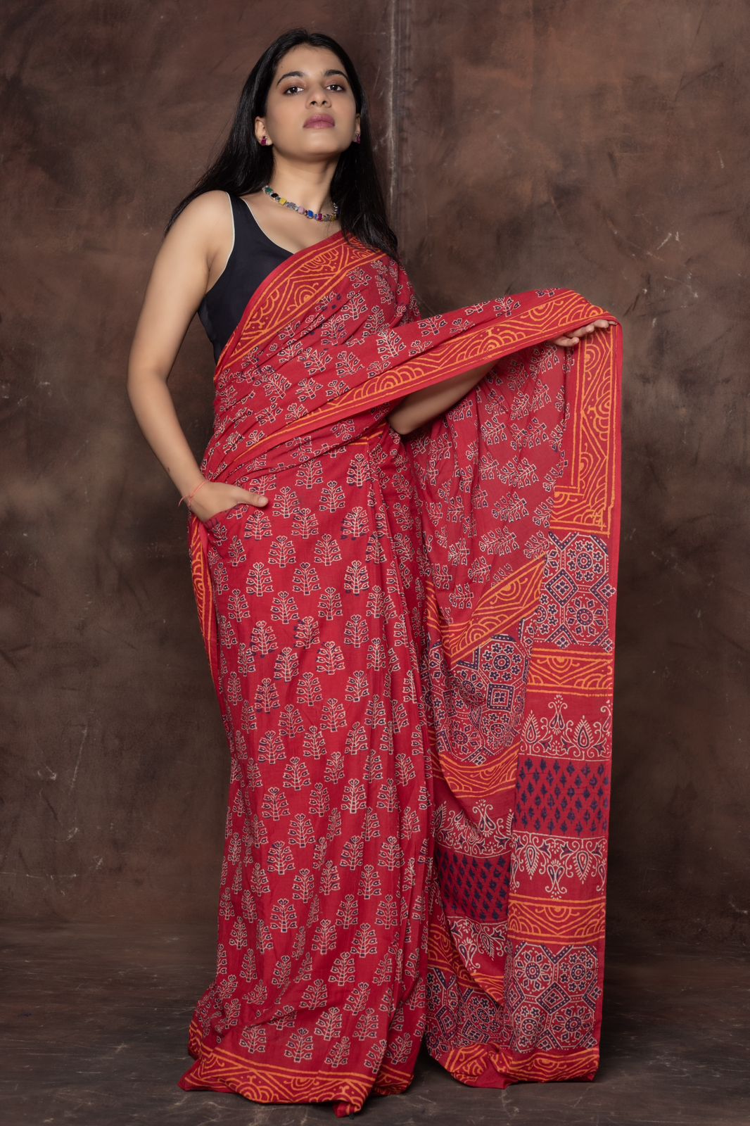 Orange Colour Mul Cotton Ready To Wear Saree With Pocket