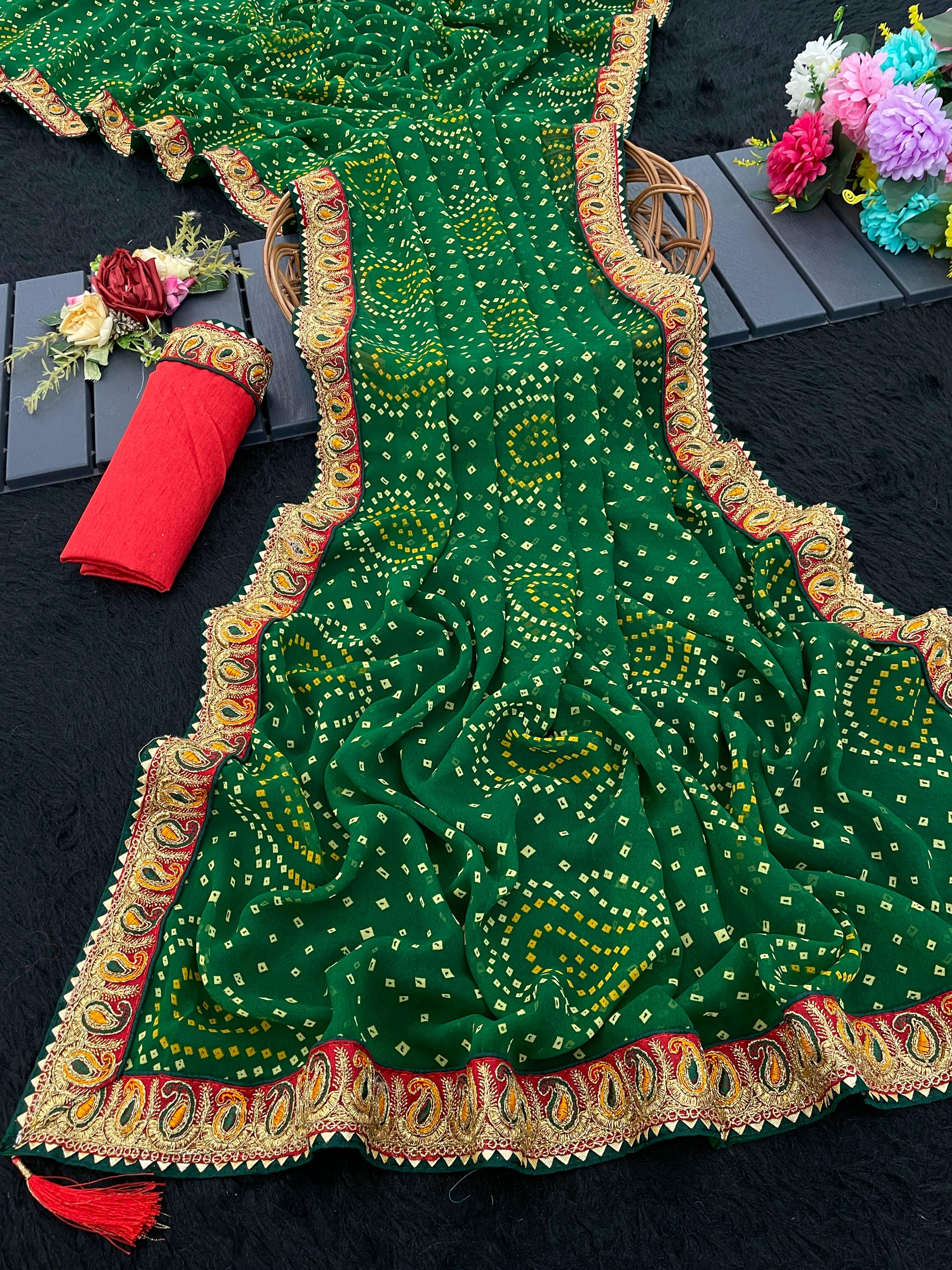 Viscose Georgette Original Bandhani With Gota Pati Hand Work Saree