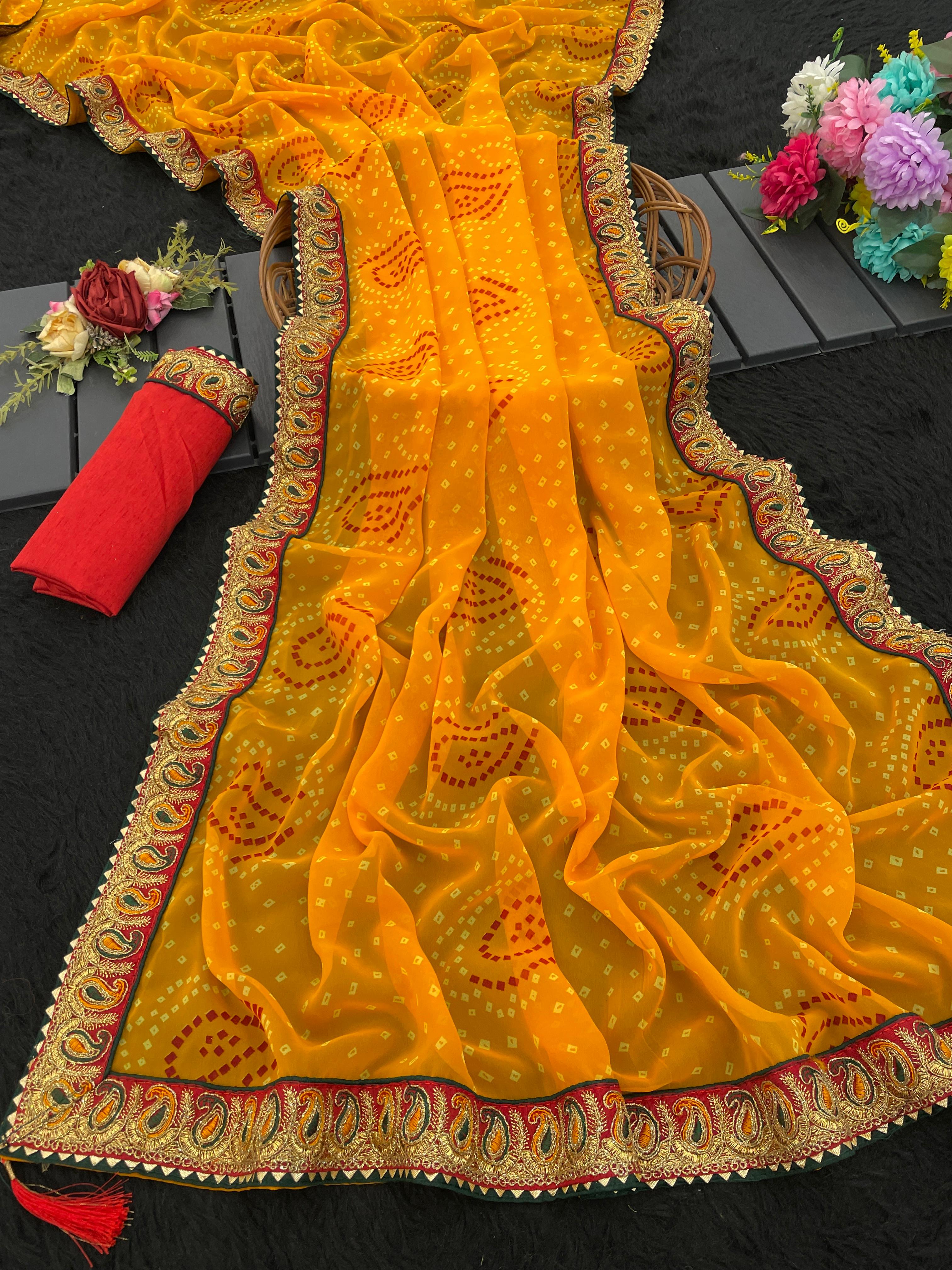 Viscose Georgette Original Bandhani With Gota Pati Hand Work Saree