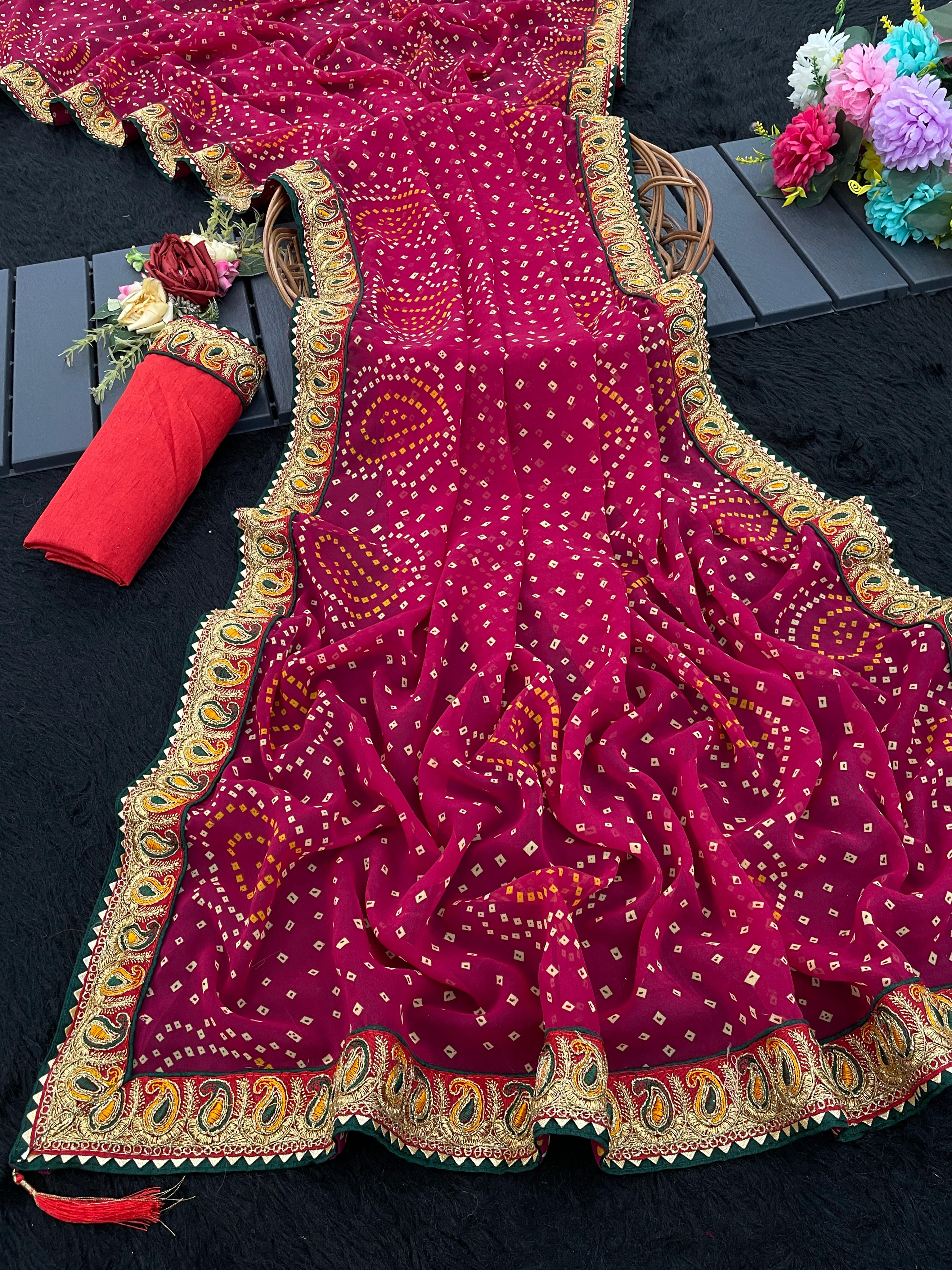 Viscose Georgette Original Bandhani With Gota Pati Hand Work Saree