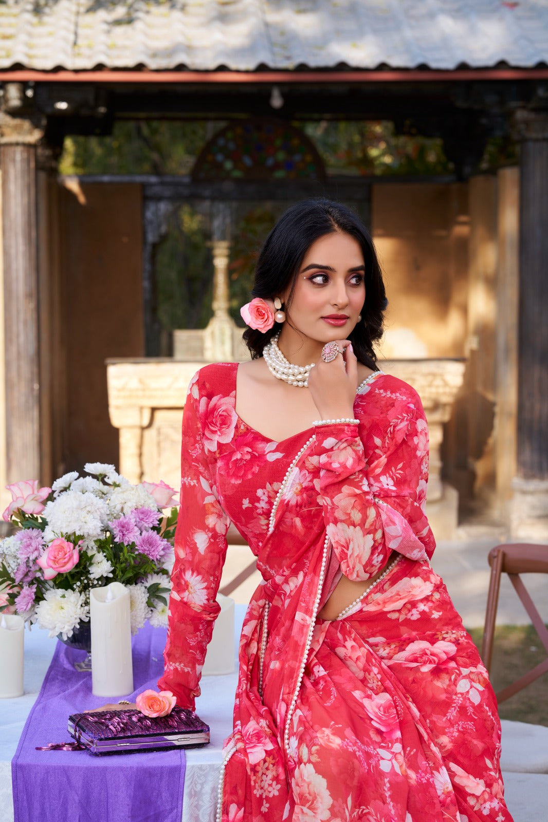 Red Designer Saree In Weightless Marble With Floral Print And Pearl