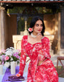 Red Designer Saree In Weightless Marble With Floral Print And Pearl