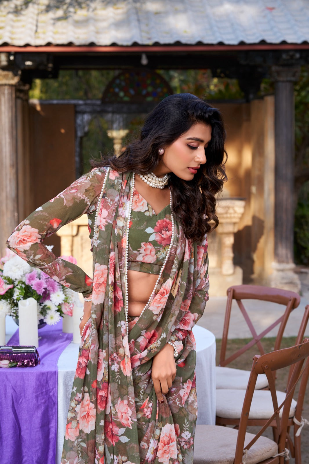 Mahendi Designer Saree In Weightless Marble With Floral Print And Pearl