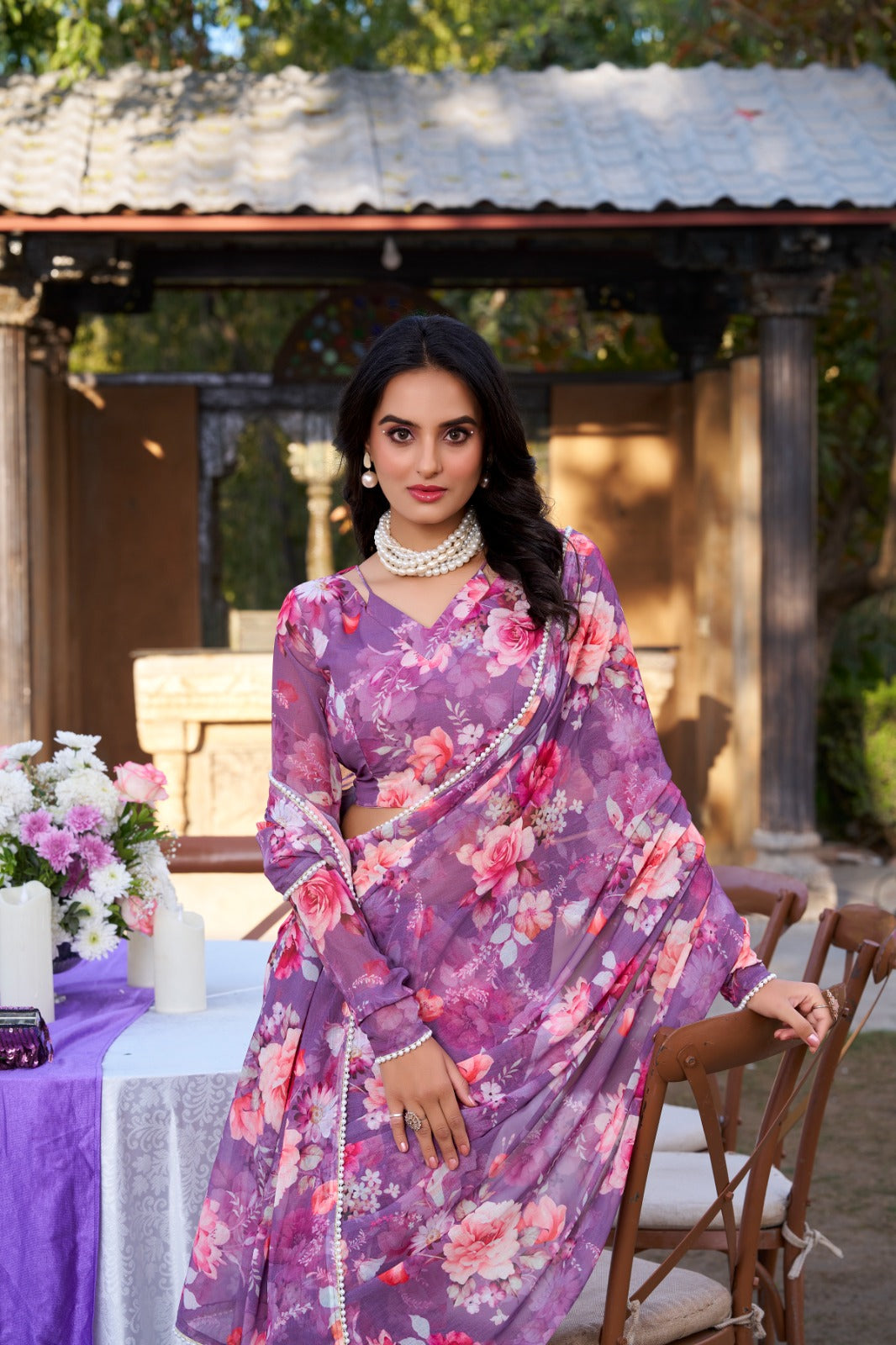 Purple Designer Saree In Weightless Marble With Floral Print And Pearl