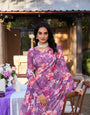 Purple Designer Saree In Weightless Marble With Floral Print And Pearl