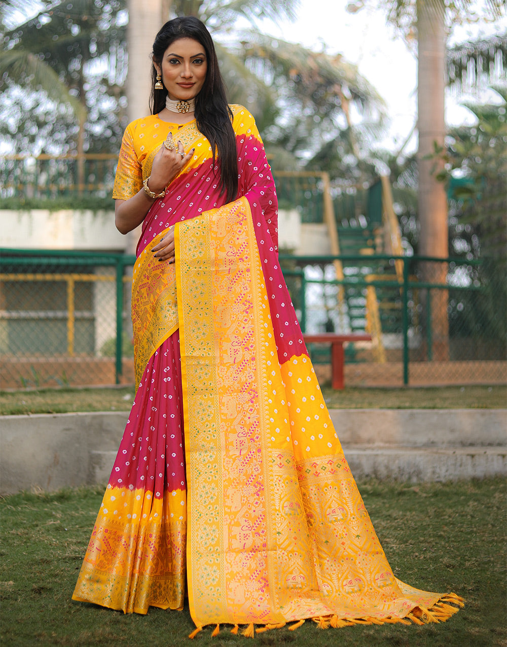 Yellow & Red Bandhej Silk Saree With Weaving Work