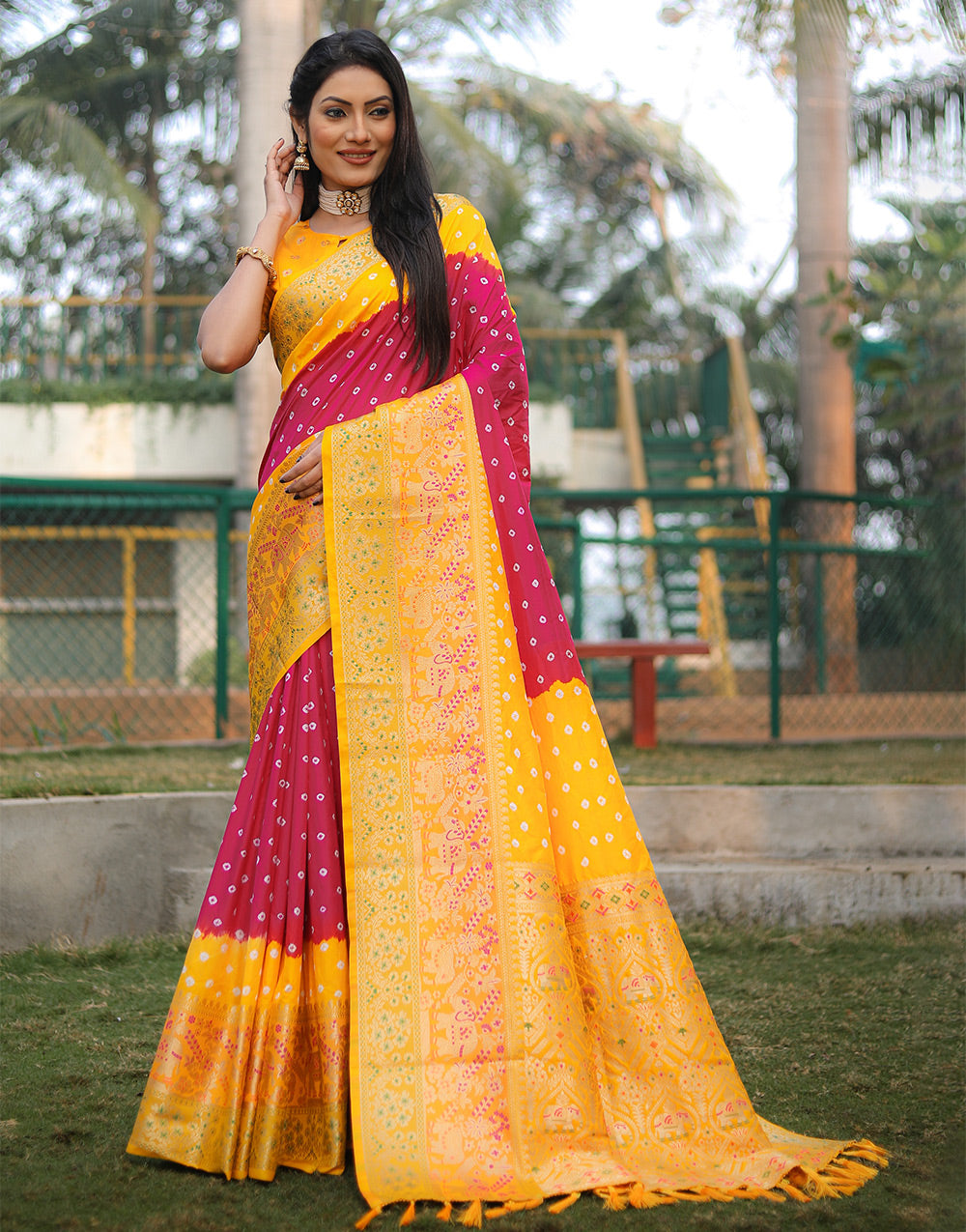 Yellow & Red Bandhej Silk Saree With Weaving Work
