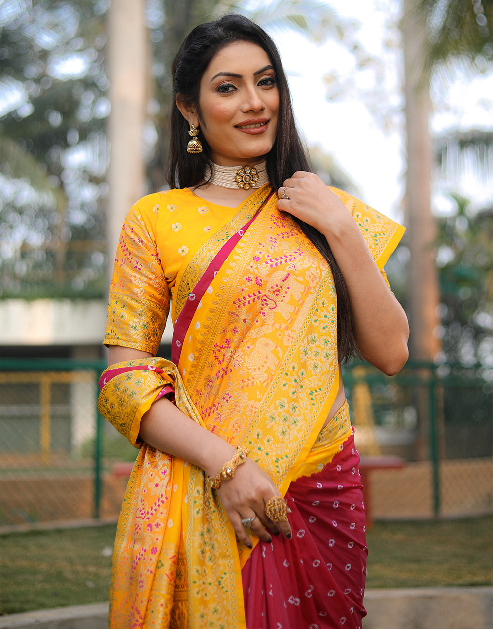 Yellow & Red Bandhej Silk Saree With Weaving Work