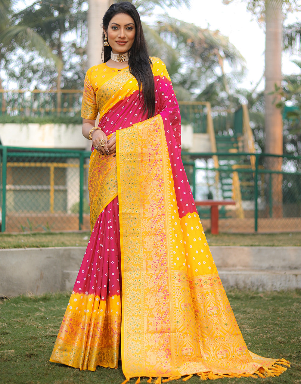 Yellow & Red Bandhej Silk Saree With Weaving Work