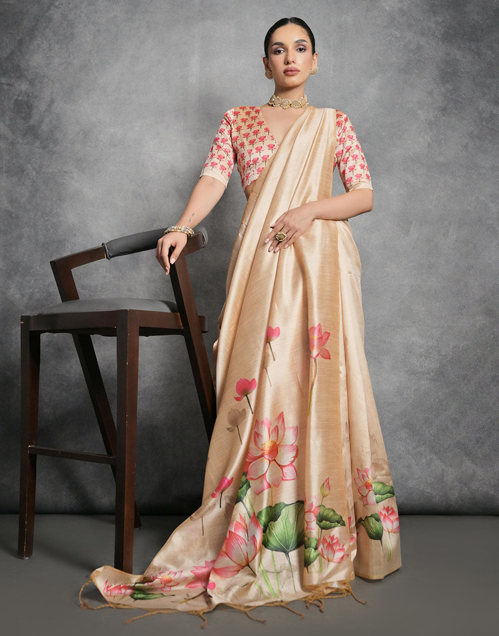Dairy Cream Soft Tussar Silk Saree With Lotus Printed Work