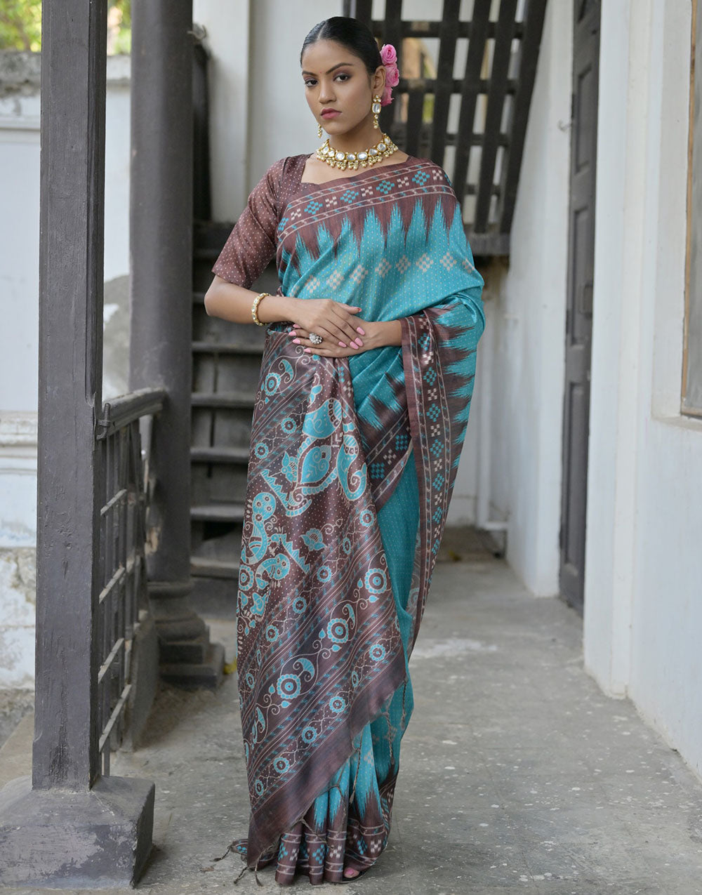 Sky Blue & Brown Soft Tussar Silk Saree With Ikkat Printed Work