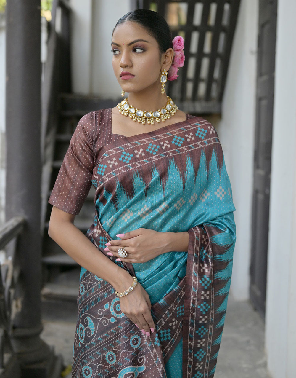 Sky Blue & Brown Soft Tussar Silk Saree With Ikkat Printed Work