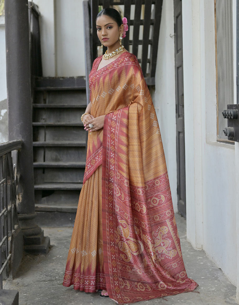 Persian Orange & Turkey Red Soft Tussar Silk Saree With Ikkat Printed Work