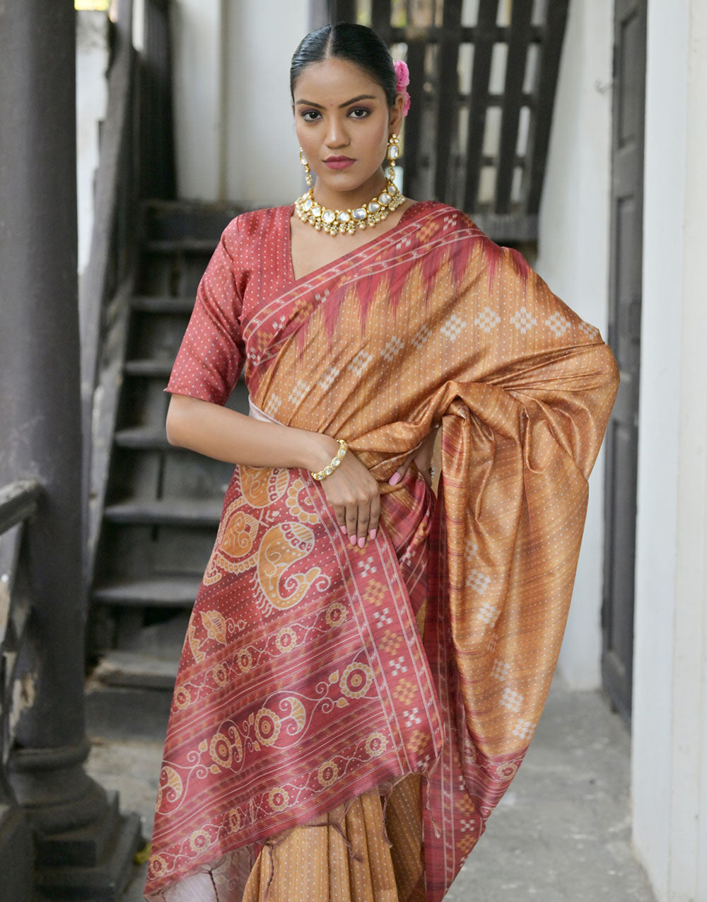 Persian Orange & Turkey Red Soft Tussar Silk Saree With Ikkat Printed Work