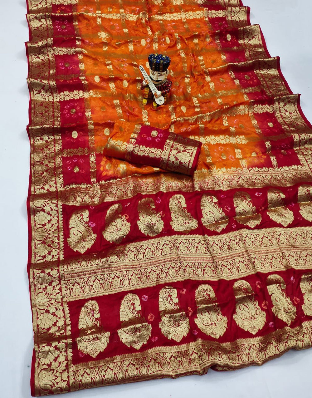 Orange Hand Bandhej Bandhani Saree With Zari Weaving Work