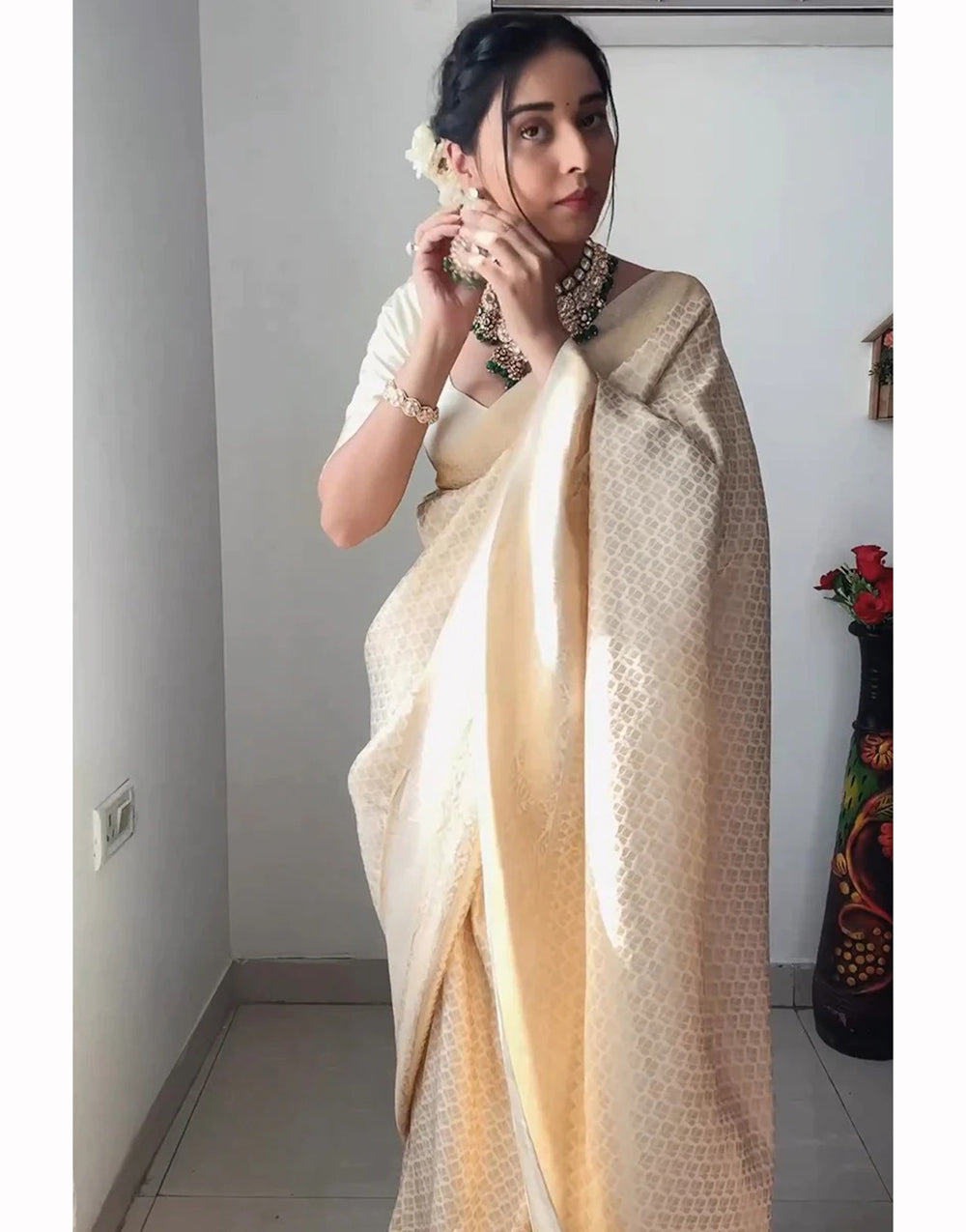 Cream Soft Silk Ready To Wear Saree