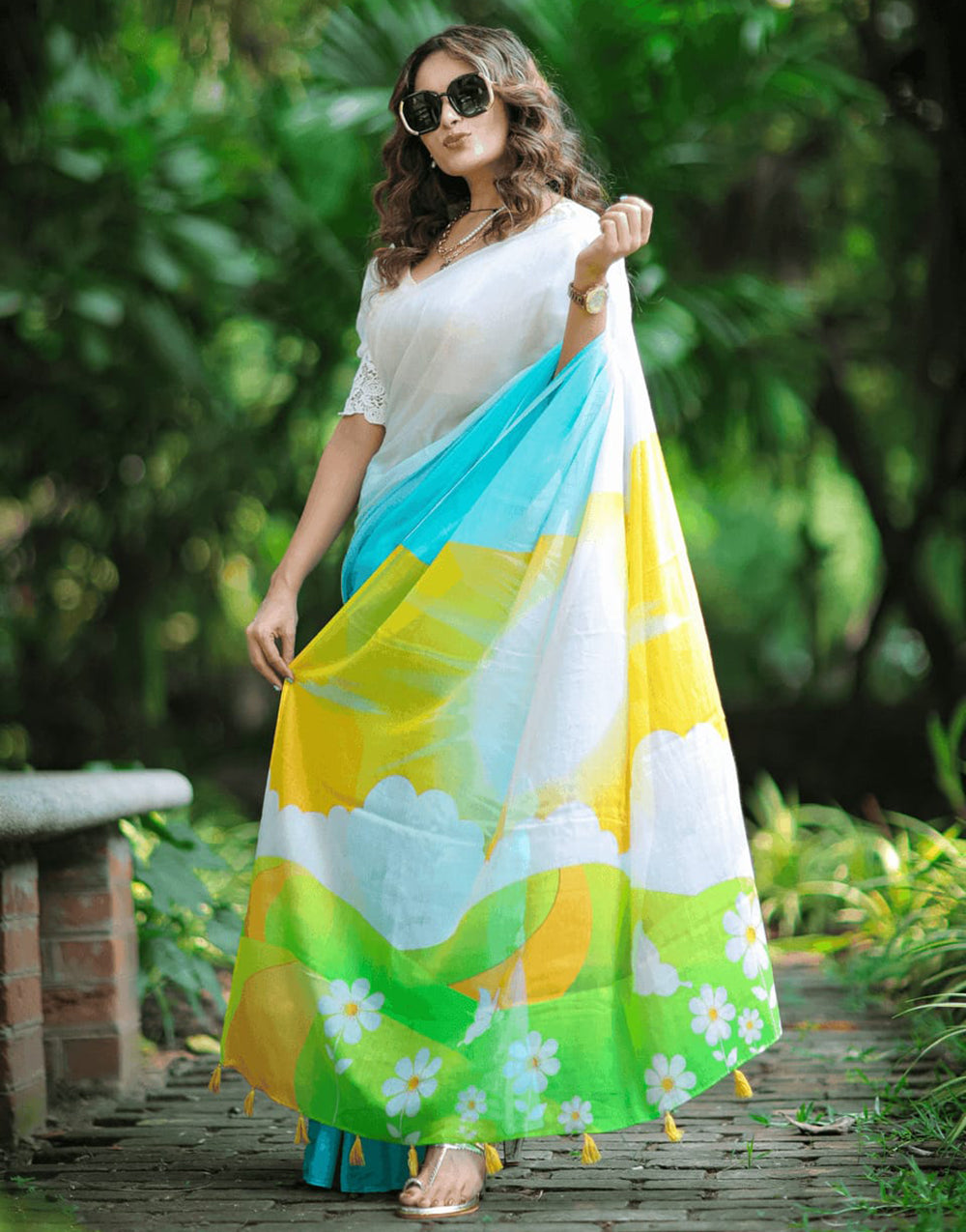 Multi Linen Saree With Printed Work & Sequence Blouse