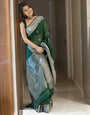 Dark Green Designer Soft Linen Saree With Weaving Work