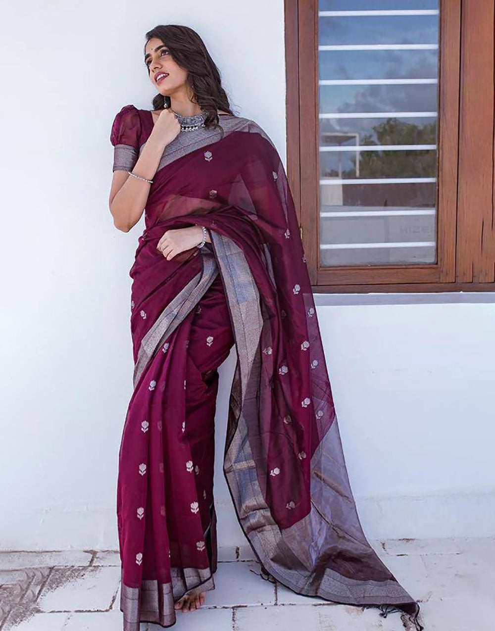 Wine Designer Soft Linen Saree With Weaving Work