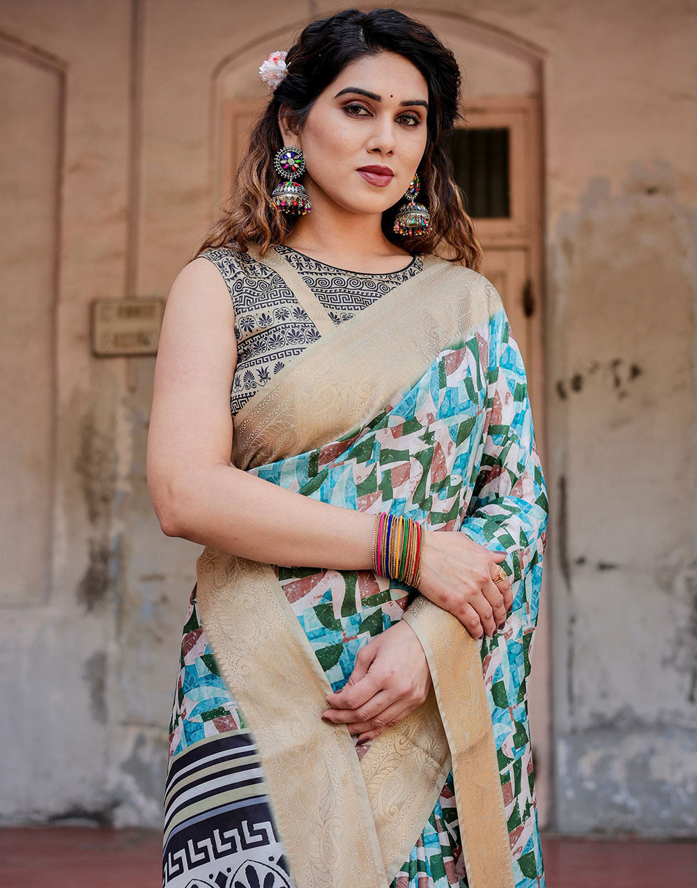 Light Blue & Green Silk Saree With Digital Printed Work