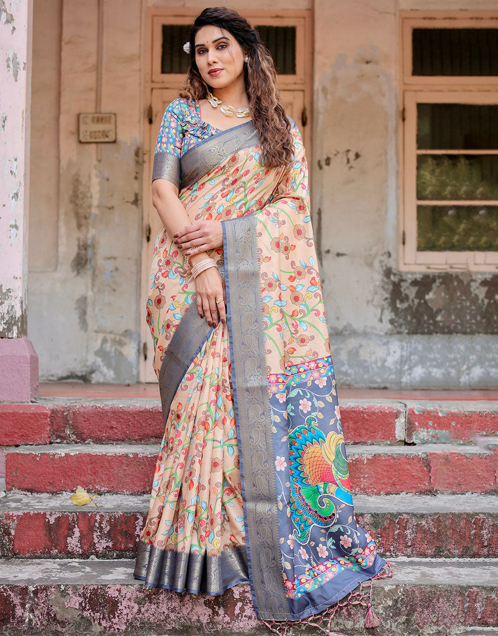 Light Coral Peach Silk Saree With Digital Printed Work