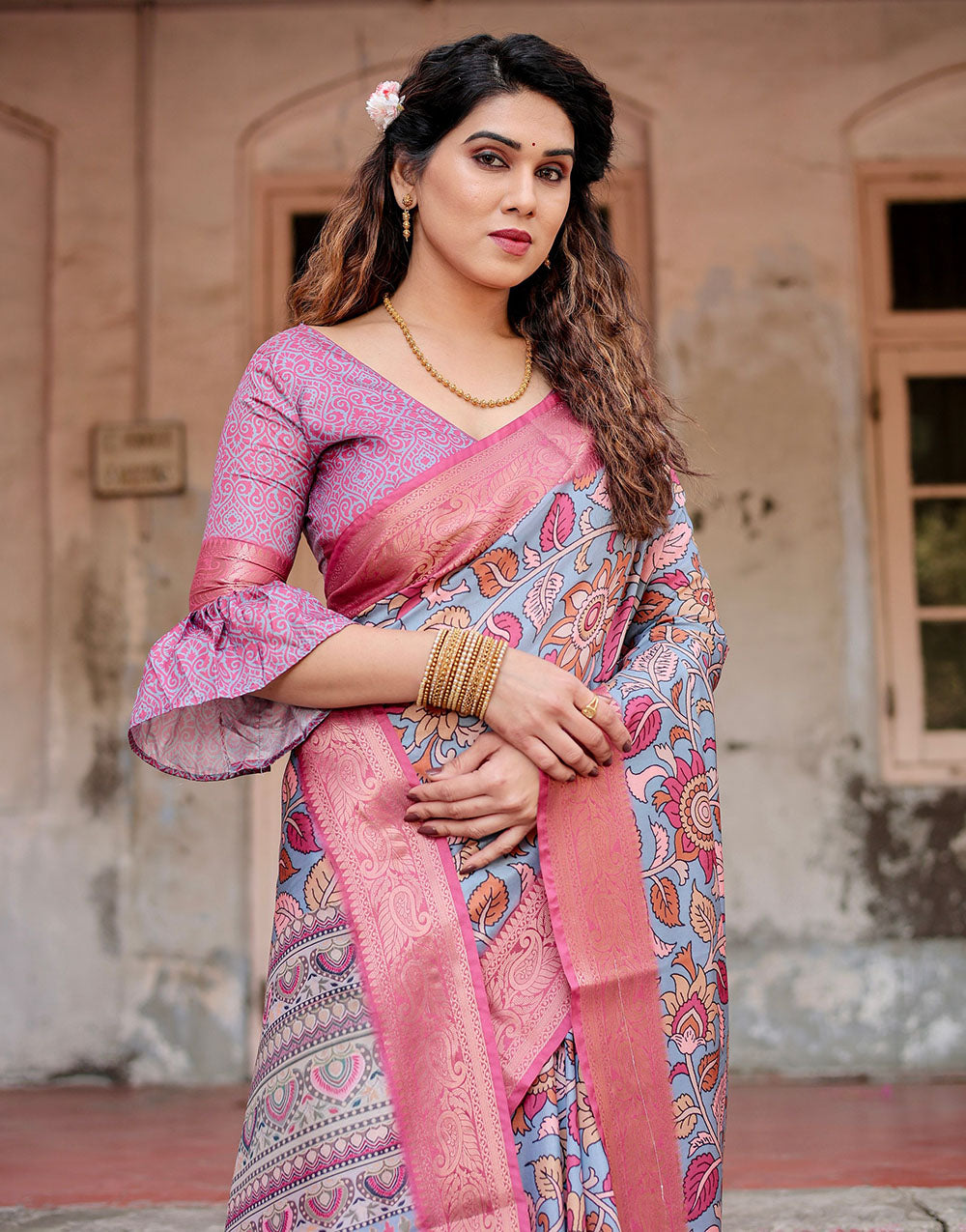 Light Blue & Pink Silk Saree With Digital Printed Work