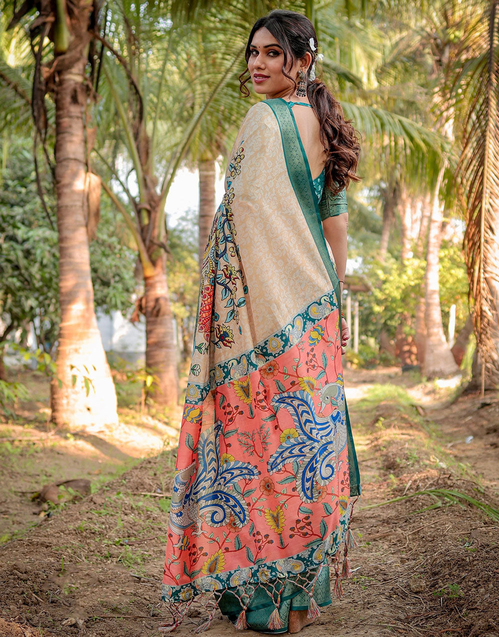 Pine Green & Beige Silk Saree With Digital Printed Work