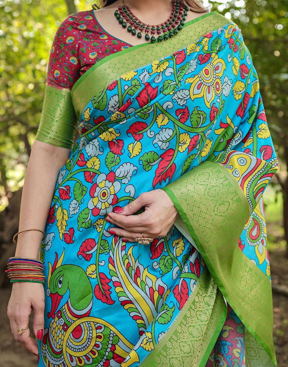 Deep Sky Blue & Green Silk Saree With Digital Printed Work