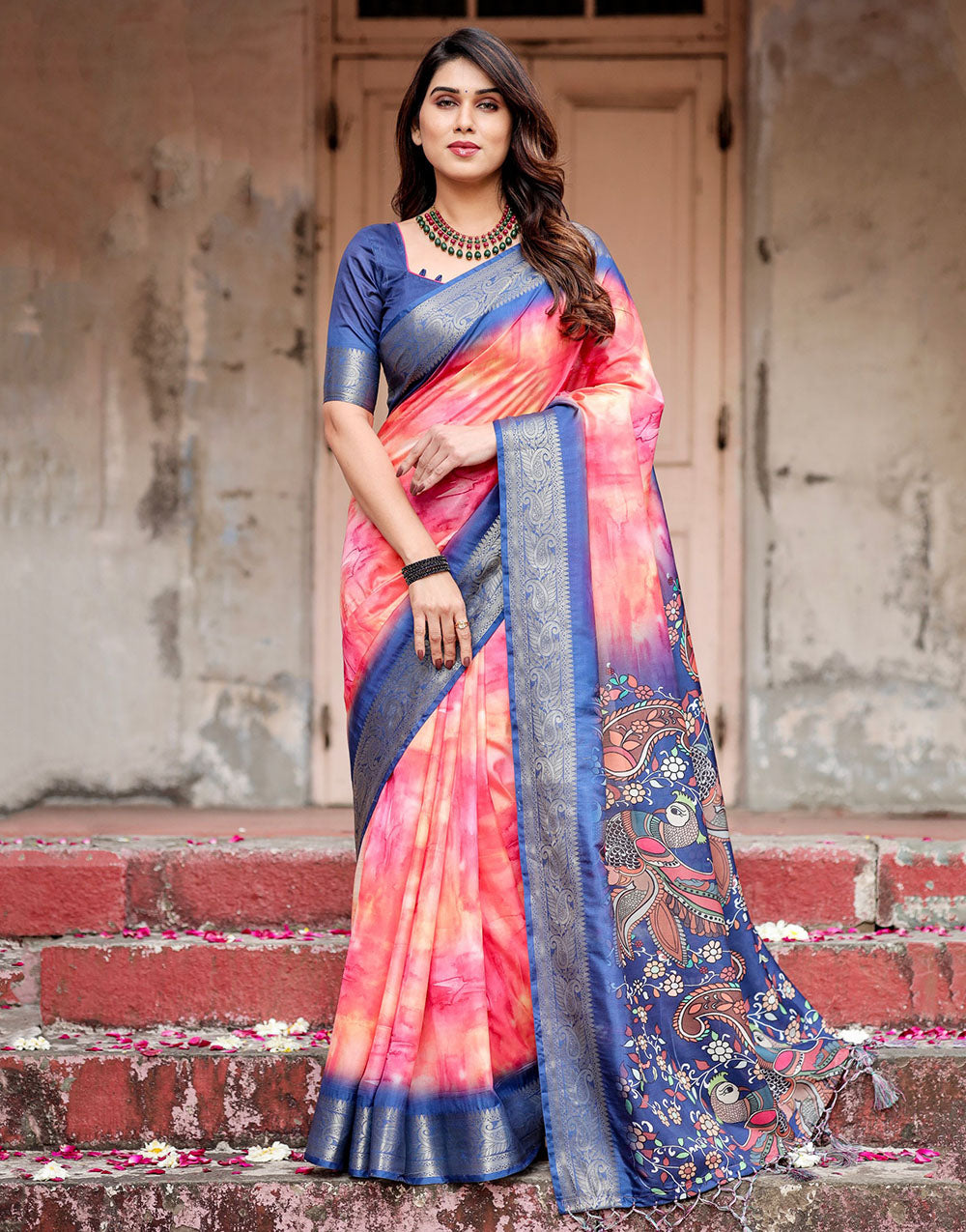 Dark Blue & Pink Silk Saree With Digital Printed & Weaving Border