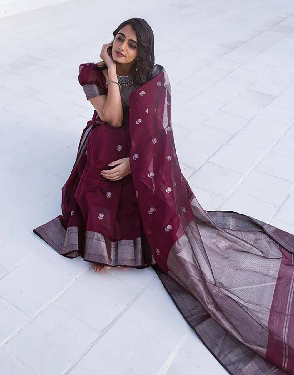 Wine Designer Soft Linen Saree With Weaving Work