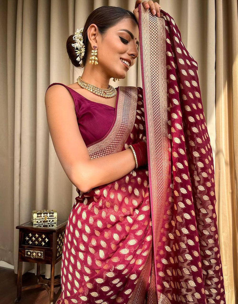 Wine Soft Lichi Silk Golden Zari Weaving Saree
