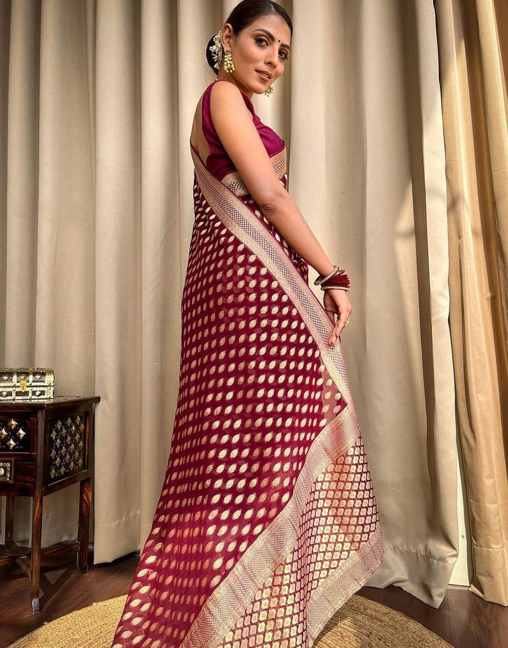 Wine Soft Lichi Silk Golden Zari Weaving Saree