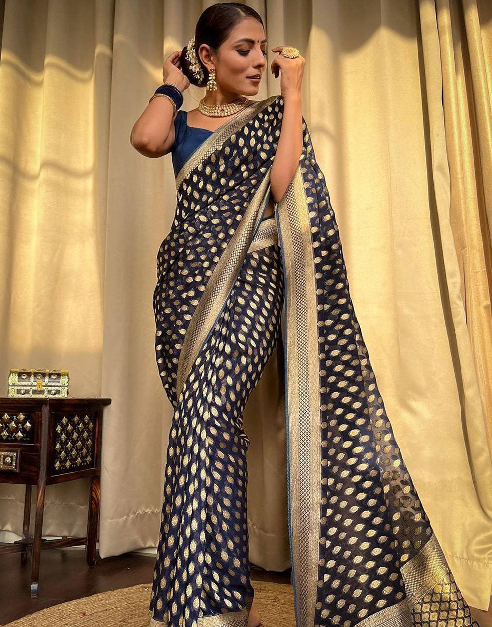 Blue Soft Lichi Silk Golden Zari Weaving Saree