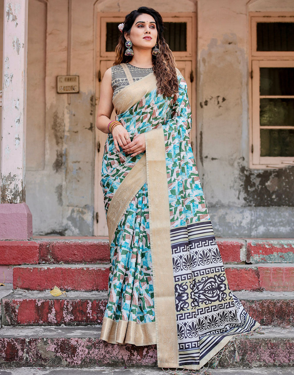 Light Blue & Green Silk Saree With Digital Printed Work
