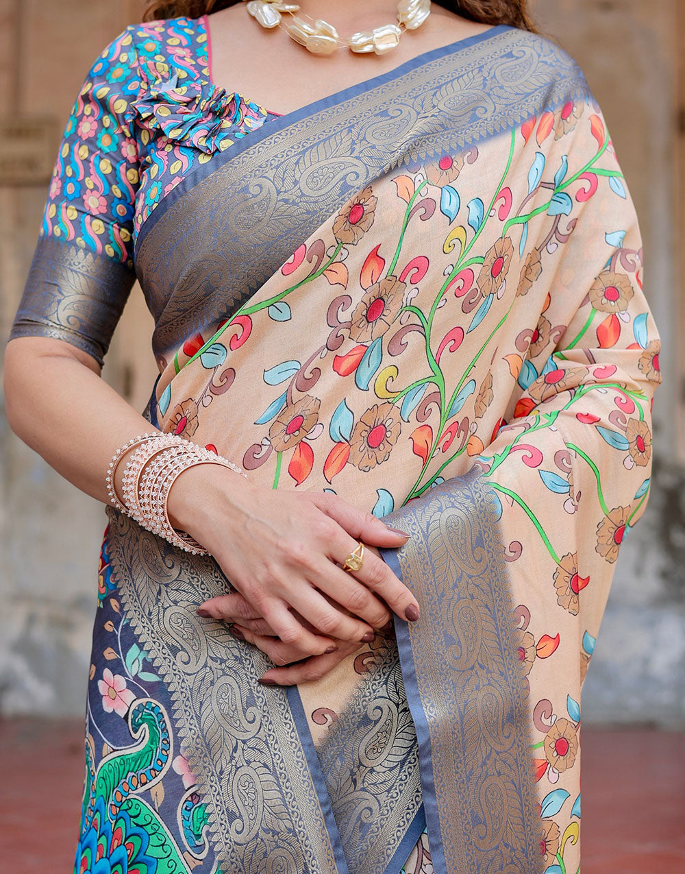 Light Coral Peach Silk Saree With Digital Printed Work