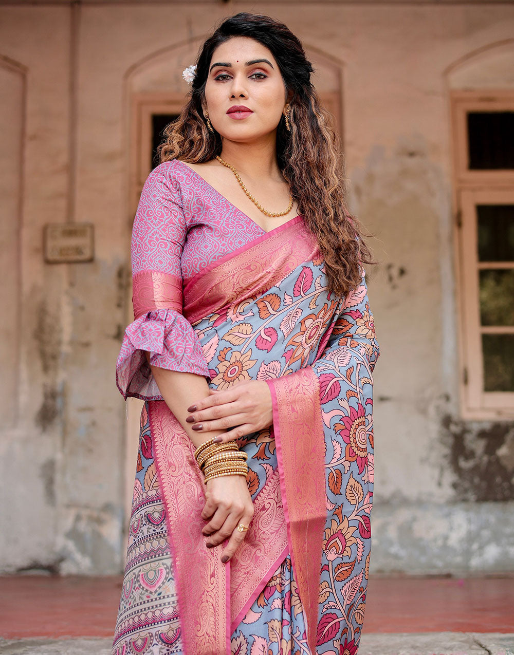 Light Blue & Pink Silk Saree With Digital Printed Work