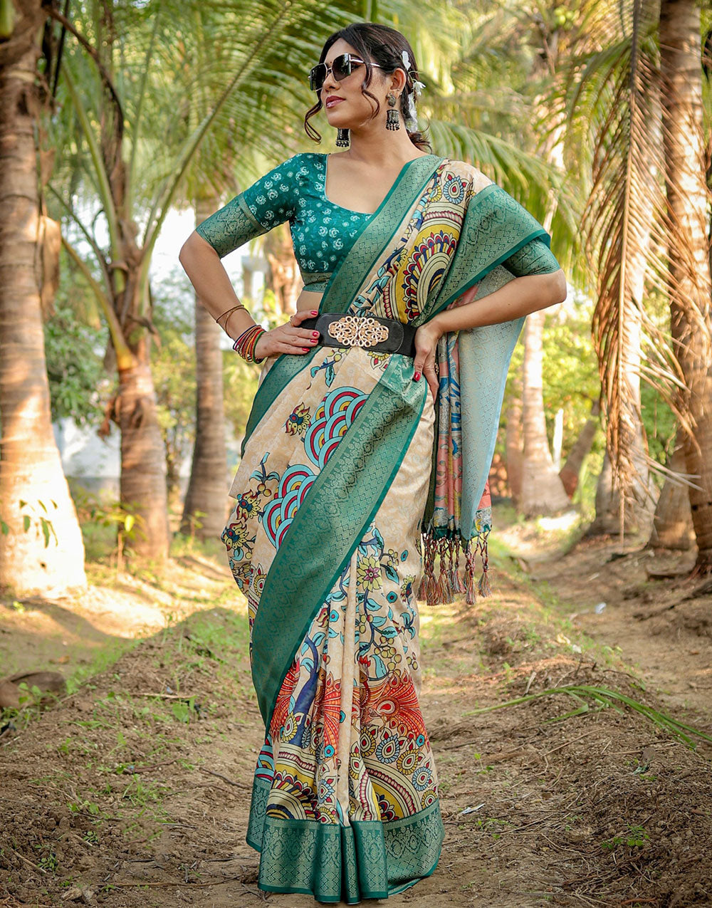 Pine Green & Beige Silk Saree With Digital Printed Work