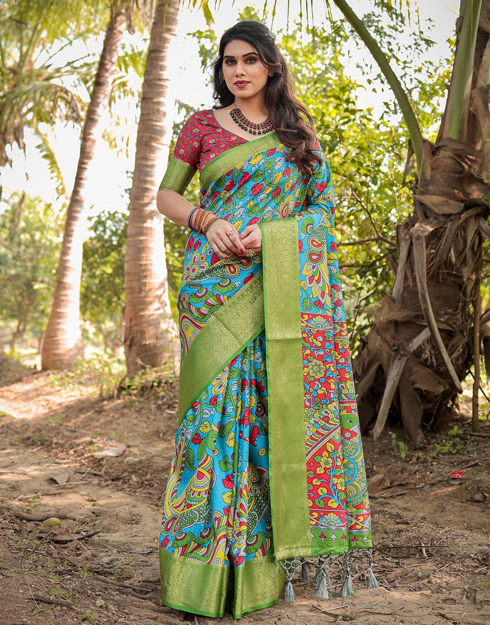 Deep Sky Blue & Green Silk Saree With Digital Printed Work