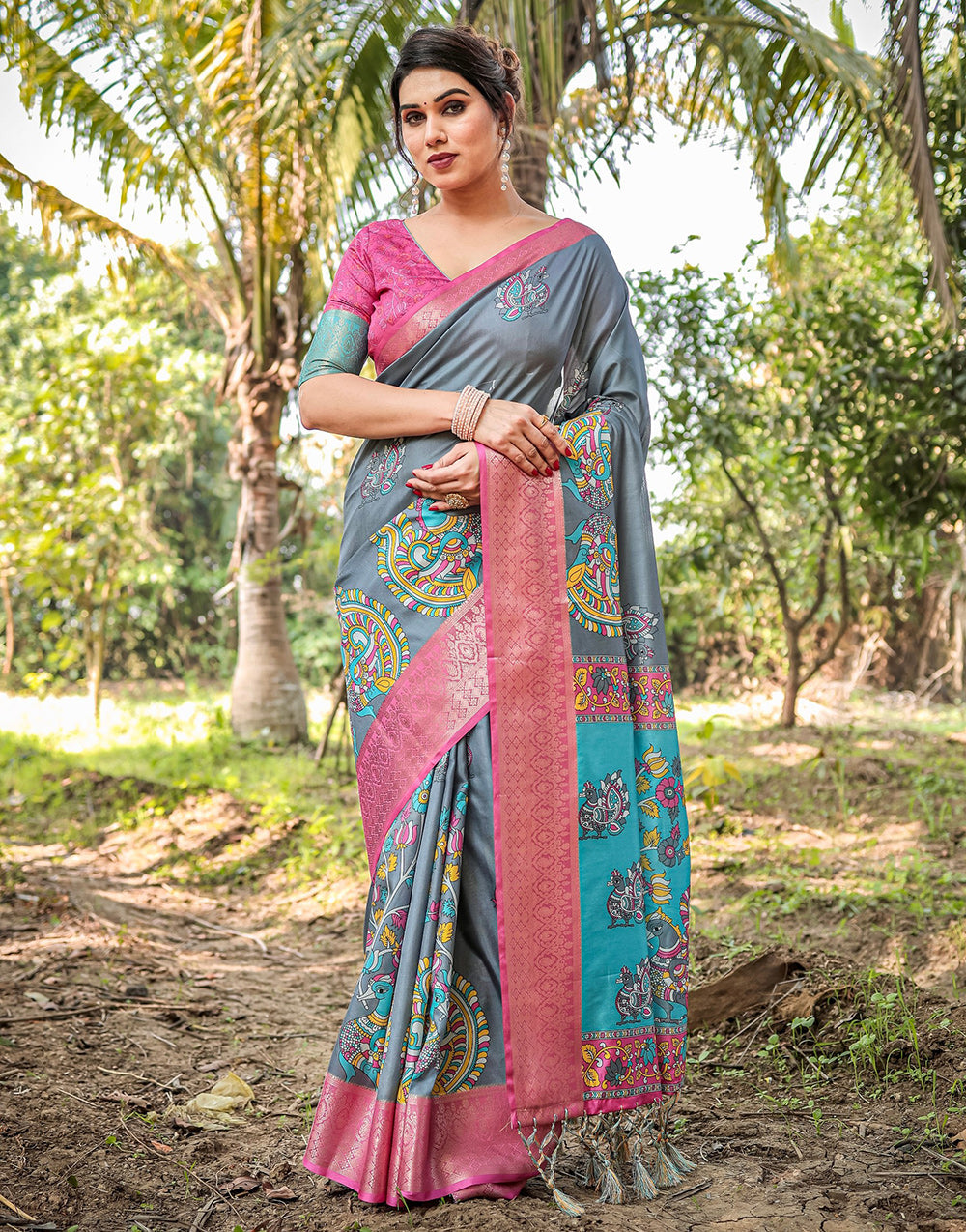 Steel Grey Silk Saree With Digital Printed Work