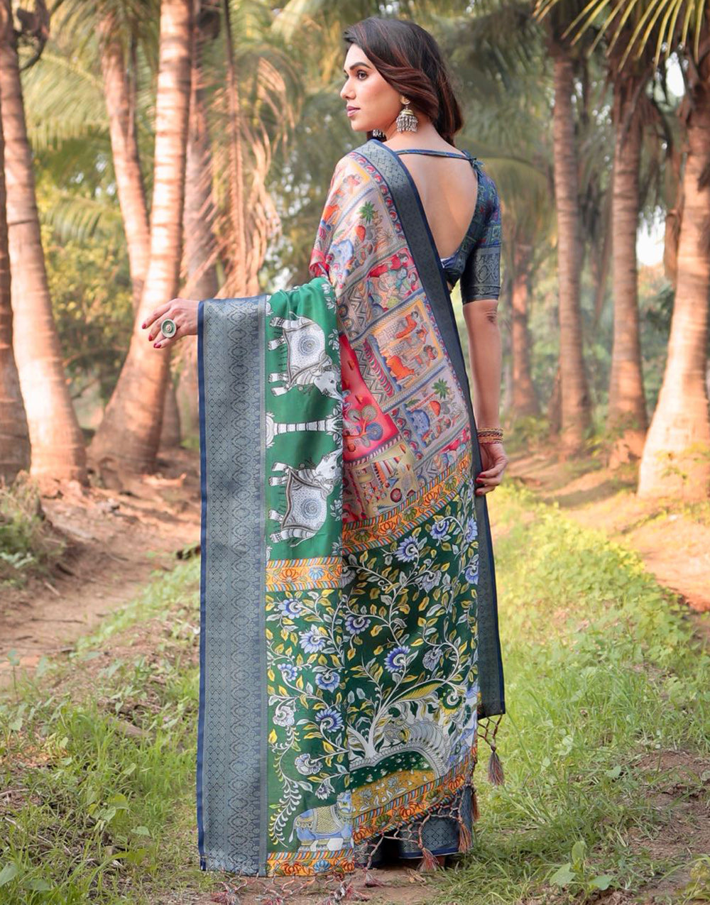 Dark Green Silk Saree With Digital Printed Work