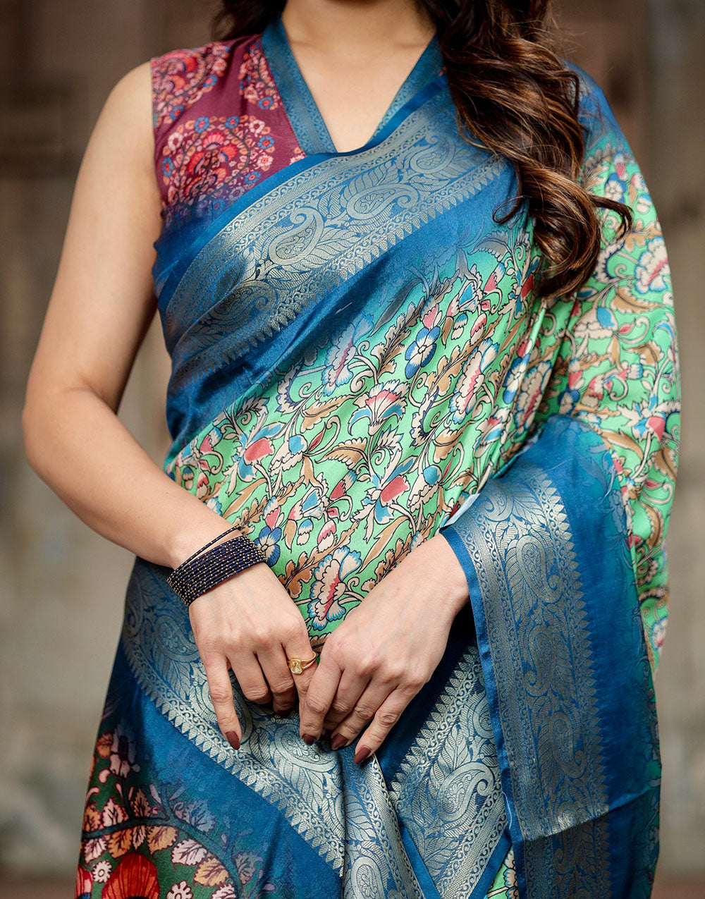 Cool Green & Teal Blue Digital Printed Silk Saree