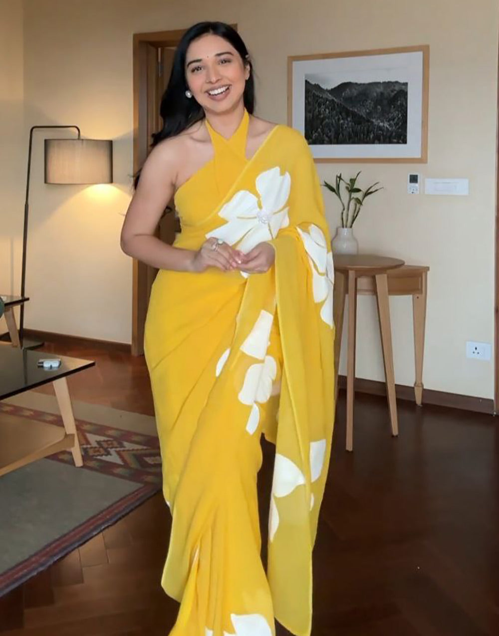 Yellow Georgette With Flower Printed Ready To Wear Saree