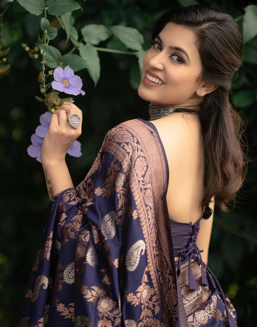 Eggplant Purple Soft Lichi Silk Saree With Zari Weaving Work